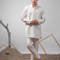 Rawayi Floral Embroidered Mandarin Collar Sequinned Kurta With Pyjamas-image-2