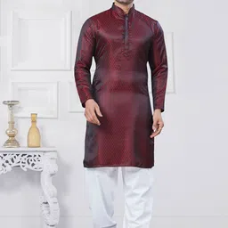 OUTLUK Ethnic Motifs Woven Design Mandarin Collar Silk Jacquard Straight Kurta-image-25