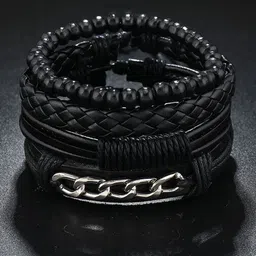 The Roadster Lifestyle Co. Men Set Of 4 Artificial Beaded Wraparound Leather Bracelets-image-89