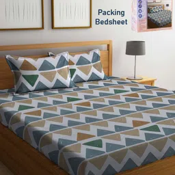 FABINALIV White & Blue Geometric 300 TC King Bedsheet with 2 Pillow Covers-image-95