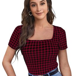 Sanwariya Silk Women Square Neck Short Sleeves Checked Top-image-89