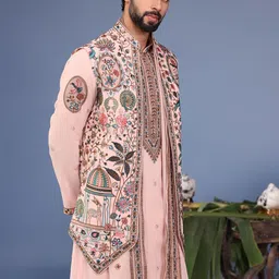 KALPRAAG Men Floral Embroidered Regular Sequinned Kurta with Trousers & With Dupatta image 4