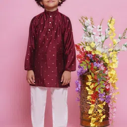 Little Bansi Boys Floral Woven Design Straight Pure Silk Kurta with Pyjamas-27