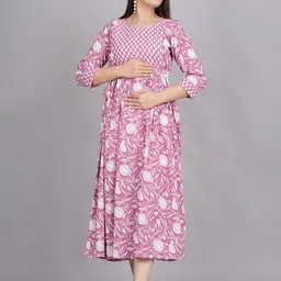 SHOPAXIS Floral Print Maternity A-Line Midi Dress-image-44