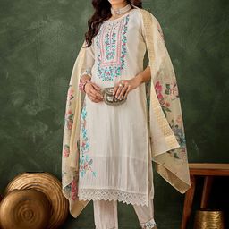 VredeVogel Women Floral Embroidered Thread Work Straight Kurta with Trouser & Dupatta-picture-5