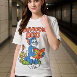 HERE&NOW Women Tom & Jerry Bio Finish Graphic Printed Cotton Relaxed Fit T-shirt-image-100
