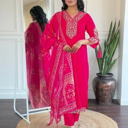 KALINI Floral Embroidered V-Neck Straight Kurta With Trousers & Dupatta-48
