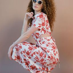 Virgio Women Cotton Floral Print Mock Neck Short Sleeves A-Line Dress-image-86