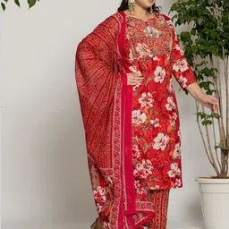 Yufta Floral Embroidered Regular Pure Cotton Straight Kurta with Trousers & Dupatta-image-66