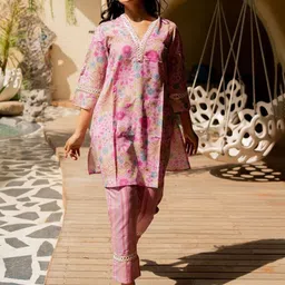 KALINI Floral Printed V-Neck Straight Kurta With Trousers-picture-53