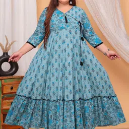 LABULY Plus Size Floral Printed V-Neck Cotton Maxi Fit and Flare Ethnic Dresses-image-14