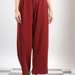 Kotty Women Cherry Red Original High-Rise Easy Wash Pleated Wide Leg Parallel Trousers-picture-43