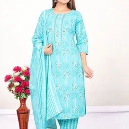 Sindh Fashion Floral Printed Round Neck Gotta Patti Straight Kurta With Trouser & Dupatta-image-25