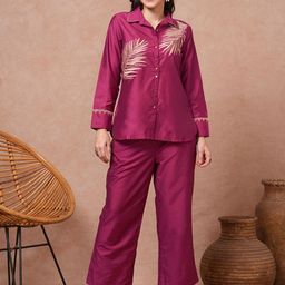 FASHOR Floral Embroidered Straight Fit Shirt & Trousers Co-Ord Set-image-41