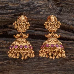 Kushal's Fashion Jewellery Gold-Plated Ruby Stone Studded Dome Shaped Antique Jhumkas-13