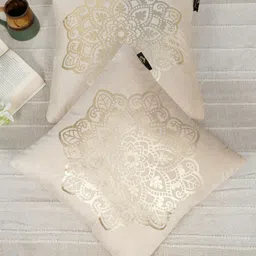 HOSTA HOMES Cream-Coloured & Gold-Toned Set of 2 Ethnic Motifs Velvet Square Cushion Covers-image-78