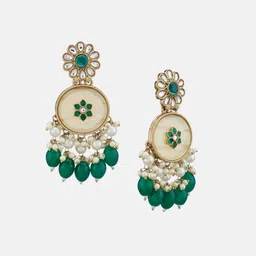 ATIBELLE Gold-Plated Kundan Stone Studded & Beaded Contemporary Shaped Drop Earrings image 5