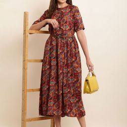 Mast & Harbour Floral Printed V-Neck Fit & Flare Midi Dress-image-55