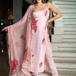 KALINI Floral Printed Tie-Up Neck Straight Kurta With Trousers And Dupatta-0