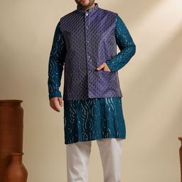 SOJANYA PLUS Men Plus Size Embroidered Cotton Kurta with Pyjama & Nehru Jacket-image-101