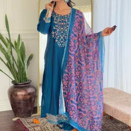 KALINI Floral Yoke Design Sequinned Straight Kurta With Trousers And Dupatta-9
