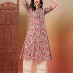 Stylum Floral Printed Mandarin Collar Pure Cotton A-Line Kurtas-13