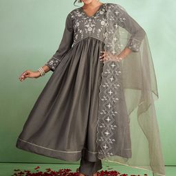 SUAAC Women Ethnic Motifs Embroidered Pleated Thread Work Kurta with Trousers & With Dupatta-46