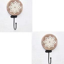 IndianShelf Brown & White 2 Pieces Floral Printed Wood Wall Hooks-image-64