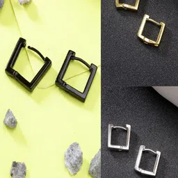Roadster Men Set of 3 Stainless Steel Rhodium-Plated Square Hoop Earrings-8