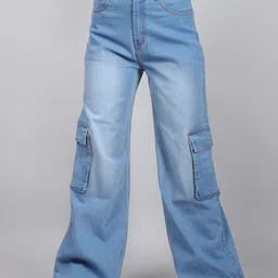 SWISHIN Women Comfort Wide Leg Mid-Rise Light Fade Cargo Style Jeans-picture-40