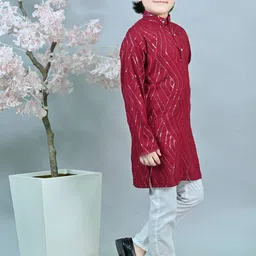 ahhaaaa Boys Geometric Embroidered Regular Sequinned Dupion Silk Kurta With Trouser image 3