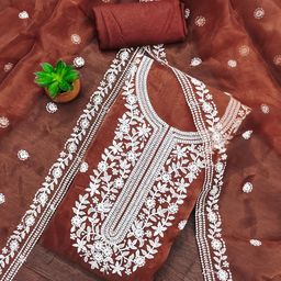 SAINOOR Floral Embroidered Organza Unstitched Dress Material-image-94