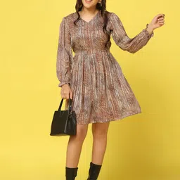 YK Print Puff Sleeve Georgette Fit & Flare Dress-27