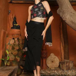 QISSA Embellished Halter Neck Crop Top & Skirt With Dupatta Co-Ords-53