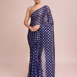 FashionsEye Embellished Sequinned Pure Georgette Fusion Saree-14