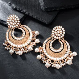 Peora Rose Gold-Plated Kundan Studded & Beaded Crescent Shaped Chandbalis-2