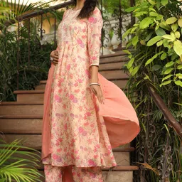 Janasya Floral Printed Sequinned A Line Kurta with Palazzos & With Dupatta image 2