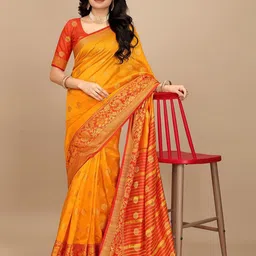 MUSKAN CREATION Floral Woven Design Zari Kanjeevaram Saree With Blouse Piece-image-46