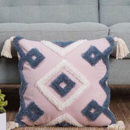Aura Pink & Grey Geometric Textured Cotton Square Shaped Tasselled Cushion Covers-39