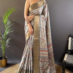 ELITE WEAVES Floral Kalamkari Printed Zari Silk Cotton Tussar Saree-image-13
