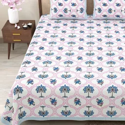 Myntra Elegant Homes Blue & Pink Floral 180 TC King Bedsheet with 2 Pillow Covers-picture-38