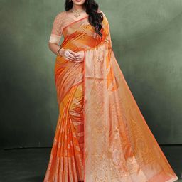 Durga Textile Ethnic Motifs Woven Design Zari Organza Banarasi Saree with Blouse Piece-picture-4