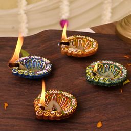 Aura Green & blue 4 Pieces Printed Terracotta Diyas-image-45