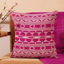 JAYPORE Pink & White Geometric Woven Design Cotton Square Cushion Cover-11
