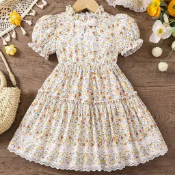 Billion Girls Floral Print Lace Inserts Tiered Fit & Flare Dress-99