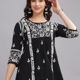 Club Loom Floral Embroidered Mandarin Collar Chikankari Pleated A-Line Pure Cotton Kurti-image-83