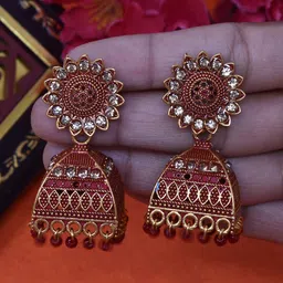 MEIRA JEWELLERY Artificial Stones Studded & Beaded Dome Shaped Jhumkas-picture-35