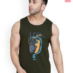 SLOWLORIS Pack Of 2 Printed Round Neck Sleeveless Bio-Wash Cotton Gym Vests-picture-1