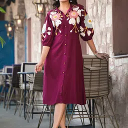 ZUMMER Women Cotton Floral Embroidered Puff Sleeve A-Line Midi Dress-picture-0