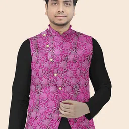 Utsav Fashion Block Printed Art Silk Nehru Jacket in Magenta-picture-18